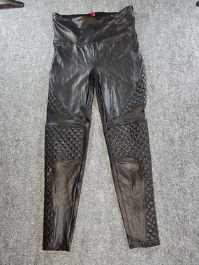 SPANX Faux Leather Leggings Womens Large Black Quilted High Rise Stretch Pants